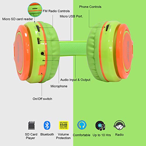 Contixo KB-2600 Kids Over Ear Foldable Bluetooth Headphones - Kids Safe 85dB with Volume Limiting - Built-in Microphone - Micro SD Card Slot - FM Stereo Radio - Phone Controls (Green + Orange)