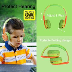 Contixo KB-2600 Kids Over Ear Foldable Bluetooth Headphones - Kids Safe 85dB with Volume Limiting - Built-in Microphone - Micro SD Card Slot - FM Stereo Radio - Phone Controls (Green + Orange)