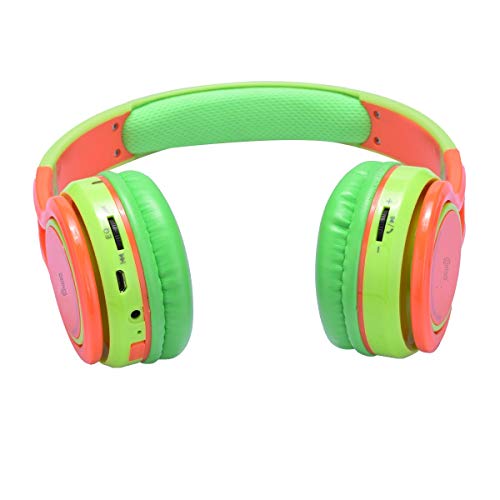 Contixo KB-2600 Kids Over Ear Foldable Bluetooth Headphones - Kids Safe 85dB with Volume Limiting - Built-in Microphone - Micro SD Card Slot - FM Stereo Radio - Phone Controls (Green + Orange)