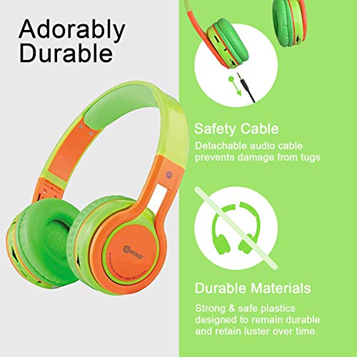 Contixo KB-2600 Kids Over Ear Foldable Bluetooth Headphones - Kids Safe 85dB with Volume Limiting - Built-in Microphone - Micro SD Card Slot - FM Stereo Radio - Phone Controls (Green + Orange)