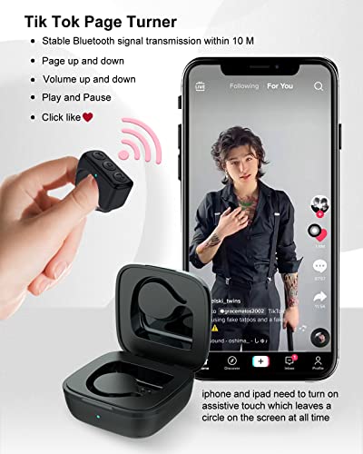 TIK Tok Remote Control, Tiktok Button Wireless Scrolling Ring Bluetooth Control Page Turner with Charging Case Compatible with iOS/Android (Black)