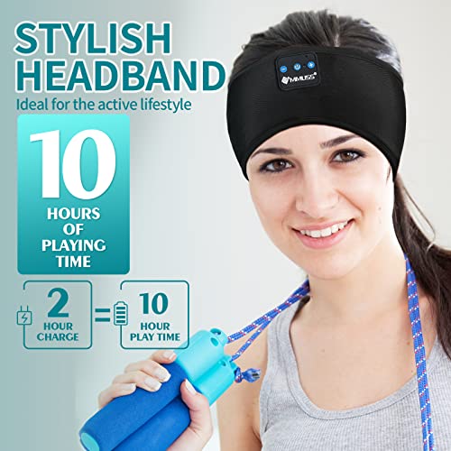 MMUSS Sleep Headphones Wireless Sport Headband with Ultra Thin HD Stereo Speakers, Wireless Music Headphone with IPX6 Waterproof Microphones for Side Sleeper Running Yoga Meditation (Black)