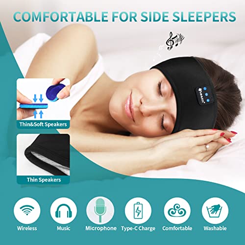 MMUSS Sleep Headphones Wireless Sport Headband with Ultra Thin HD Stereo Speakers, Wireless Music Headphone with IPX6 Waterproof Microphones for Side Sleeper Running Yoga Meditation (Black)