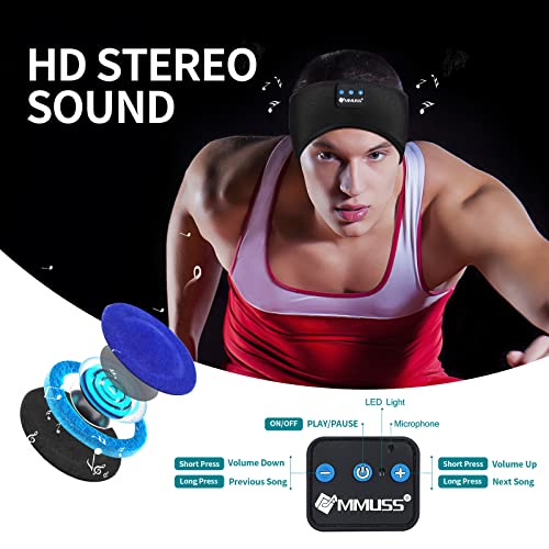 MMUSS Sleep Headphones Wireless Sport Headband with Ultra Thin HD Stereo Speakers, Wireless Music Headphone with IPX6 Waterproof Microphones for Side Sleeper Running Yoga Meditation (Black)