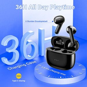 kauguo Wireless Earbuds, Bluetooth 5.3 Headphones,4-Mic Call Noise Reduction 36H Playtime IPX6 Sports Waterproof Earphones, HiFi Stereo, Touch Control with Type-C Charging for iOS Android Black