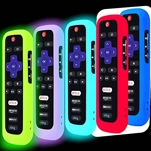 5 Pack Remote Case for Roku, Battery Cover for TCL Roku Smart TV Steaming Stick Remote, Roku TV Remote Cover Silicone Protective Controller Universal Sleeve Skin Glow in the Dark Green Blue Purple Red