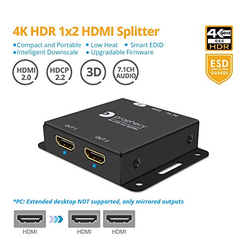 gofanco Prophecy 1x2 HDMI 2.0 Splitter 4K 60Hz YUV 4:4:4 HDR Compact USB Powered Auto Scaling Wall Mount, 3D, HDCP 2.2, EDID, 18Gbps, Low Heat, 2 Port 1 in 2 Out, TAA Compliant