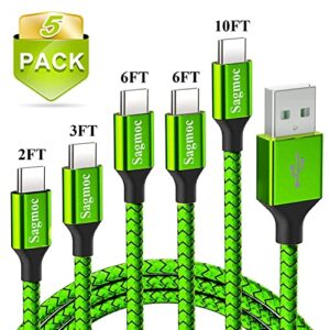 Type C Charger Cord Lime Green - Sagmoc Premium Shiny Nylon Braided Rapid Charging Cable 5 Pack 10FT 2x6FT 3FT 2FT for Samsung S10 S9 S8 Plus, Note 8, LG V30 G6 G5, Google Pixel, Nexus 6P 5X