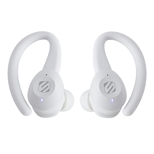 Scosche BTTWS2WT-SP2 ThudBuds Rechargeable Bluetooth 5.0 True Wireless White Earbuds, Magnetic Sport Clips, Wireless Charging Case, USB-C Cable, White