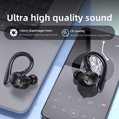 HORNORM Sport Bluetooth Headphones, Wireless Earbuds with Earhooks, IPX7 Waterproof Wireless headsets 70Hrs Playtime, Noise Cancelling Earbud Built-in Mic Earphones for Workout Sport Gym