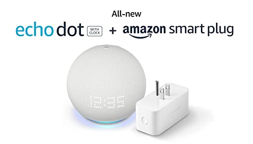 All-New Echo Dot (5th Gen, 2022 release) with clock with Amazon Smart Plug | Glacier White