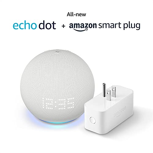 All-New Echo Dot (5th Gen, 2022 release) with clock with Amazon Smart Plug | Glacier White