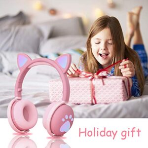 Kids Headphones, Wireless Cat Ear LED Light Up Bluetooth Headphones for Girls w/Microphone, Over On Ear Headset for School/Kindle/Tablet/PC Online Study Birthday Xmas Gift (Pink)