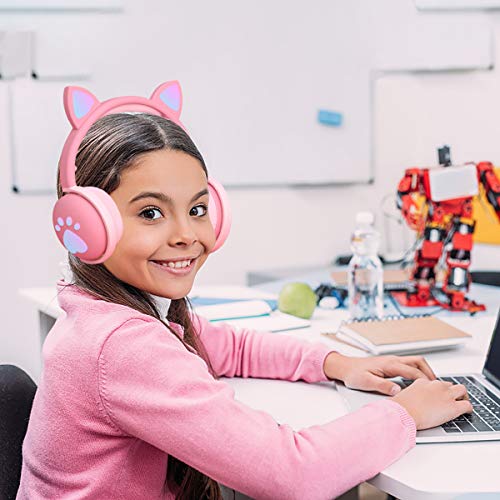 Kids Headphones, Wireless Cat Ear LED Light Up Bluetooth Headphones for Girls w/Microphone, Over On Ear Headset for School/Kindle/Tablet/PC Online Study Birthday Xmas Gift (Pink)