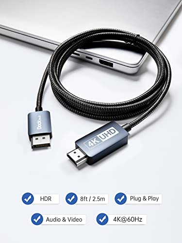 dockteck DisplayPort to HDMI Cable 4K 60Hz, DP to HDMI Cable 8ft, High Speed Display Port Cable UHD Monitor Cord, Unidirectional Male Braided Cord for DELL/HP/Samsung/TV/PC/Laptop/More