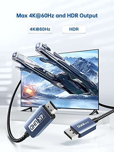 dockteck DisplayPort to HDMI Cable 4K 60Hz, DP to HDMI Cable 8ft, High Speed Display Port Cable UHD Monitor Cord, Unidirectional Male Braided Cord for DELL/HP/Samsung/TV/PC/Laptop/More