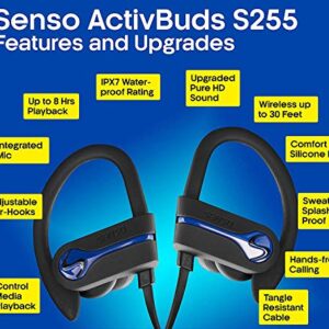 SENSO Bluetooth Wireless Headphones, Best Sports Earphones w/Mic IPX7 Waterproof HD Stereo Sweatproof Earbuds for Gym Running Workout 8 Hour Battery Noise Cancelling Headsets Cordless Heapdhone - Blue