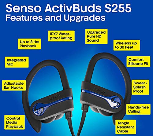 SENSO Bluetooth Wireless Headphones, Best Sports Earphones w/Mic IPX7 Waterproof HD Stereo Sweatproof Earbuds for Gym Running Workout 8 Hour Battery Noise Cancelling Headsets Cordless Heapdhone - Blue