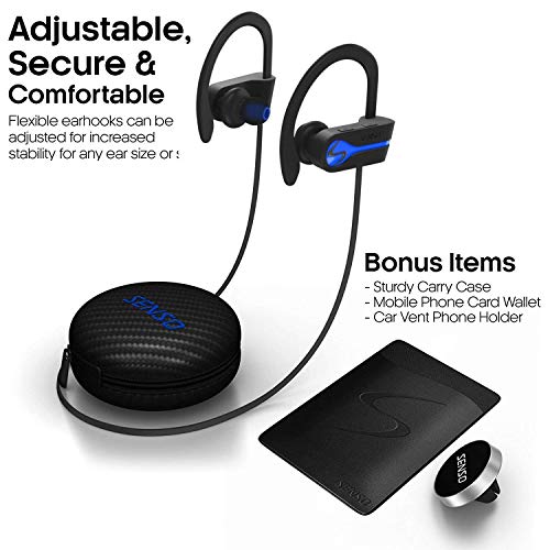 SENSO Bluetooth Wireless Headphones, Best Sports Earphones w/Mic IPX7 Waterproof HD Stereo Sweatproof Earbuds for Gym Running Workout 8 Hour Battery Noise Cancelling Headsets Cordless Heapdhone - Blue