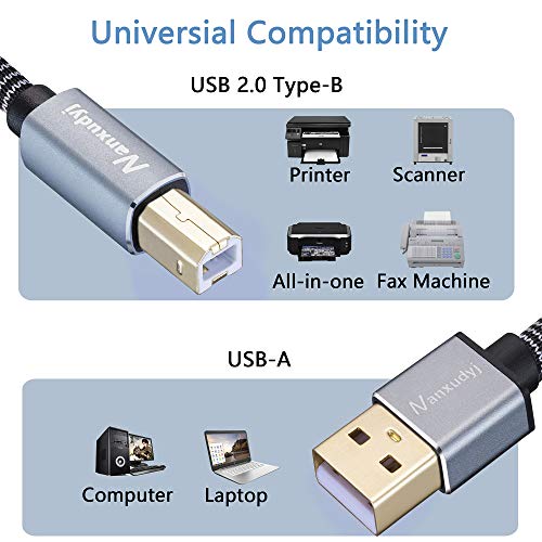 Printer Cable 2ft, Nanxudyj USB Printer Cable Braid USB 2.0 Type A Male to B Male Cable Scanner Cord High Speed Printer Cable 0.6M Compatible with HP,Canon,Dell,Epson,Lexmark,Xerox,Samsung and More
