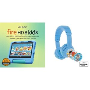 all-new fire hd 8 kids tablet bundle. includes fire hd 8 kids tablet | blue & made for amazon playtime volume limiting bluetooth kids headphones age (3-7)| blue