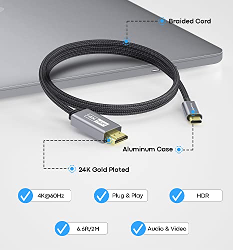 UANTIN USB-C to HDMI Cable 4K@60Hz [Braided, High Speed] 6.6FT Type C to HDMI Cord Thunderbolt 3/4 Compatible with MacBook Pro/Air,iMac,New iPad,XPS,Galaxy S21/S20,Surface and More