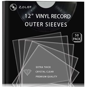 vinyl record outer sleeves 50 pack for 12 inch records, loose fit, clear cover protective, 3mil+ thick, 12.79” x 12.79”, fit for single & double lp storage