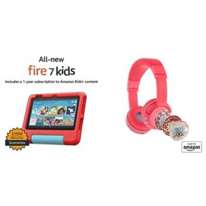 fire 7 kids tablet bundle. includes fire 7 kids tablet | red & made for amazon playtime volume limiting bluetooth kids headphones age (3-7) | red