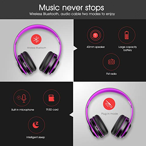 Viwind Bluetooth Wireless Headphones Over Ear with Mic, Foldable Noise Cancelling Headset for Travel Work TV PC Android Cellphone 【Hi-Fi Stereo &Comfortable Earpads】-Purple