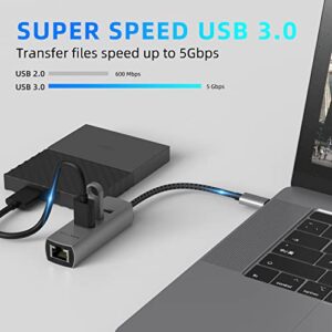 USB C to Ethernet Adapter, WALNEW 4-in-1 USB-C to USB 3.0 Hub with Gigabit Ethernet Adapter,Thunderbolt 3 to Gigabit Ethernet LAN Network Adapter for MacBook Pro/Air, iPad Pro, Dell XPS and More