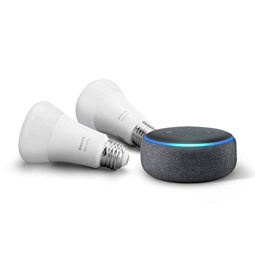 Echo Dot (3rd Gen) Charcoal Bundle with Philips Hue White 2-pack A19 Smart Bulbs, Bluetooth & Zigbee compatible (No Hub Required)