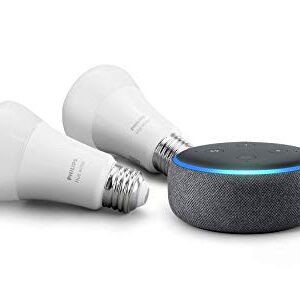 Echo Dot (3rd Gen) Charcoal Bundle with Philips Hue White 2-pack A19 Smart Bulbs, Bluetooth & Zigbee compatible (No Hub Required)