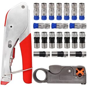 taiss coax cable crimper tool kit,coaxial cable stripper,coax cable crimper,with 20 pcs f style rg6 compression connectors,rg6 coaxial cable compression tool kit