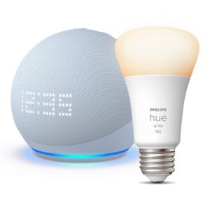 Echo Dot (5th Gen) with Clock | Cloud Blue with Philips Hue White Smart Bulb