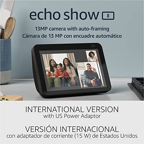 Echo Show 8 (2nd Gen, 2021 release) | International Version with US Power Adaptor | HD smart display with Alexa and 13 MP camera | Charcoal