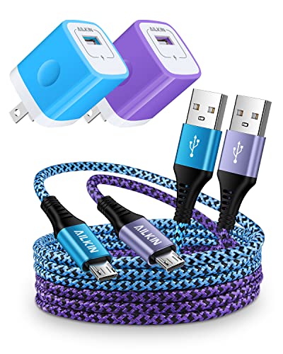 4-in-1 Android Chargers, USB Wall Charger + Micro USB Cable Multipack Fast for Samsung Galaxy S7 S6 J8 J7 J3, Kindle Fire Old Version Paperwhite Kids e-Reader Stick, Long USB A to Micro B Cords 6 Ft