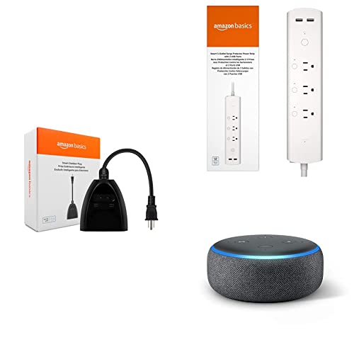 Amazon Basics Outdoor Smart Plug, Amazon Basics Smart Plug Power Strip, and Echo Dot (3rd Gen) Bundle | Automate Indoor and Outdoor Holiday Lighting