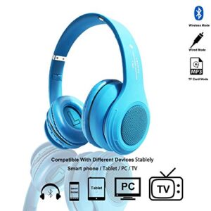 Kids Headphones Bluetooth Wireless,LED Light Up Wired Headset,85 dB Volume Limiting Foldable Headphones,Built-in Mic,Support FM Radio/Micro SD/TF,for Phone/Tablet/Pad/PC/Laptop/TV(Blue)