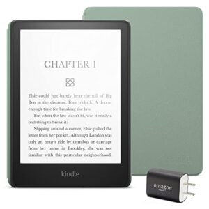 kindle paperwhite essentials bundle including kindle paperwhite (16 gb) – black – without lockscreen ads, leather cover – agave green, and power adapter