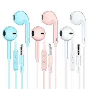 eloven 3 pack earbuds 3.5mm wired headphone stereo sound wired earbuds deep base noise cancelling in-ear headset with mic volume control compatible for iphone samsung mp3/4 3 pack pink+blue+white