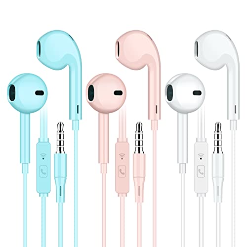 ELOVEN 3 Pack Earbuds 3.5mm Wired Headphone Stereo Sound Wired Earbuds Deep Base Noise Cancelling in-Ear Headset with Mic Volume Control Compatible for iPhone Samsung MP3/4 3 Pack Pink+Blue+White