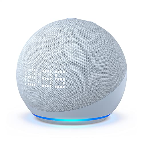 All-new Echo Dot (5th Gen, 2022 release) with clock Bundle. Includes Echo Dot (5th Gen, 2022 release) with clock | Cloud Blue & the Made For Amazon Wall Mount | White