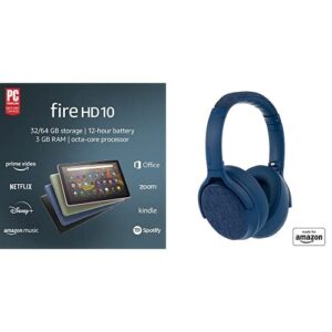 tablet bundle: includes amazon fire hd 10 tablet, 10.1″, 1080p full hd, 32 gb (denim) & made for amazon active noise cancelling bluetooth headphones (blue)