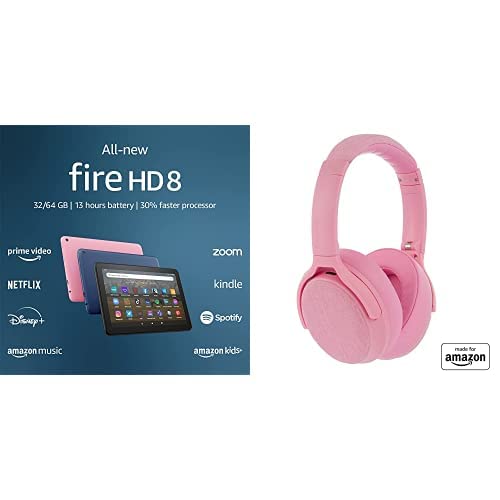 Tablet Bundle: Includes All-new Amazon Fire HD 8 tablet, 8” HD Display, 64 GB (Rose) & Made for Amazon Active Noise Cancelling Bluetooth Headphones (Rose)