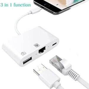 Lightning to Ethernet Adapter, [Apple MFi Certified] 3 in 1 Network Adapter Compatible with Mobile Phone Pad to USB Camera Adapter/SD Card Reader/USB OTG Adapter High-Speed(White)