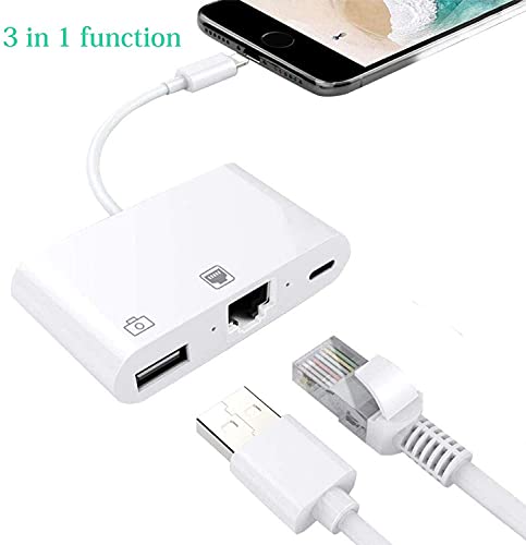 Lightning to Ethernet Adapter, [Apple MFi Certified] 3 in 1 Network Adapter Compatible with Mobile Phone Pad to USB Camera Adapter/SD Card Reader/USB OTG Adapter High-Speed(White)