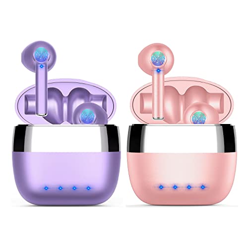 ZBC 2 Packs (Purple + Metal Pink) Wireless Earbuds Bluetooth 5.2 IPX6 Waterproof 30H Playtime True Stereo Headphones for iPhone Android with Charging Case in-Ear Earphones Headset Mic Hi-Fi Sound