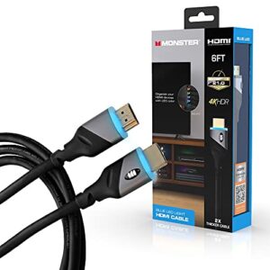 monster 6ft high speed 4k hdr hdmi cable with built-in blue led light, gaming, video, and computer