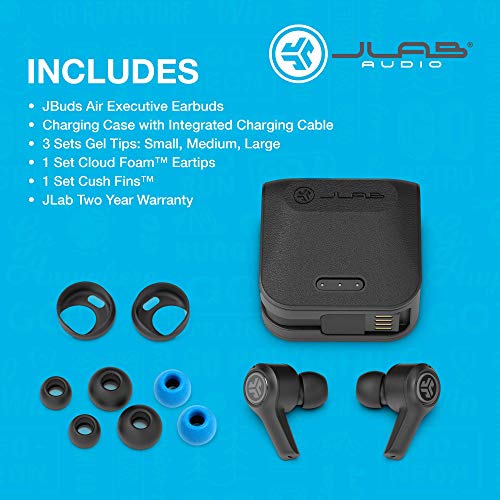 JLab Audio JBuds Air Executive True Wireless Bluetooth Earbuds + Charging Case - Black - C3 Calling with Dual Microphones - Long Playtime - Bluetooth 5.0 Connection - 3 EQ Settings (Renewed)