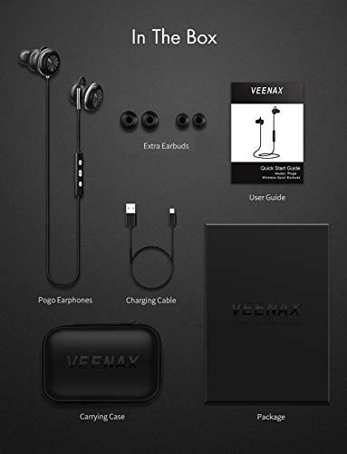 VEENAX Pogo Wireless Headphones, Bluetooth Sport Earphones, Fitness Earbuds with Mic, Magnetic and Super Bass, 8H Playtime, Sweatproof, in Ear Stereo Headset for iPhone iPad iPod Phone MP3, Black